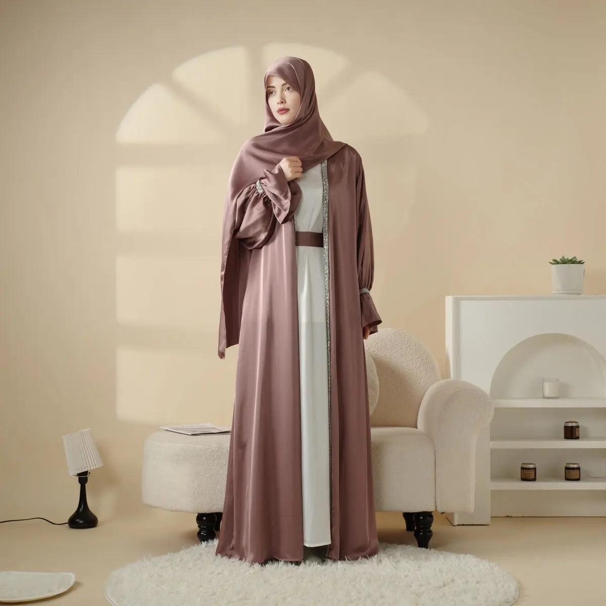 MOA009 Poet Sleeve Satin 4-Piece Abaya Set - Mariam's Collection