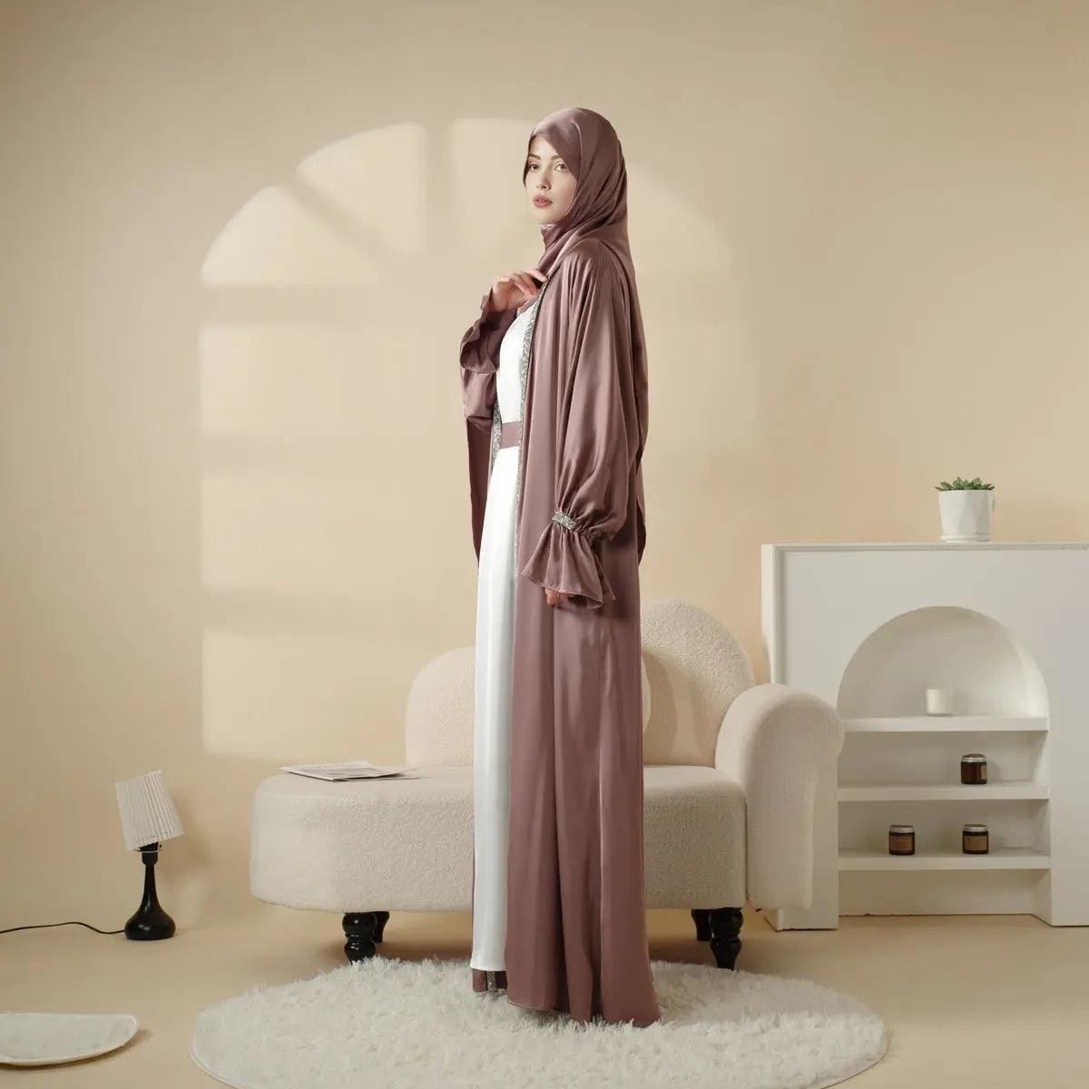 MOA009 Poet Sleeve Satin 4-Piece Abaya Set - Mariam's Collection