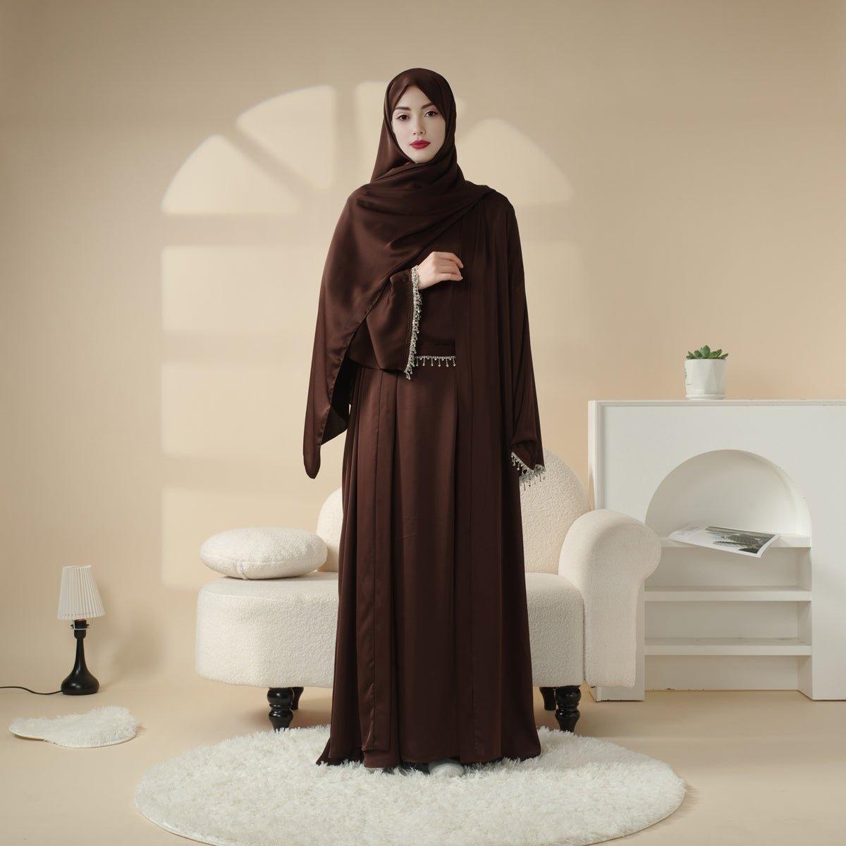 MOA010 Satin Diamond Tassel Abaya Set - Mariam's Collection