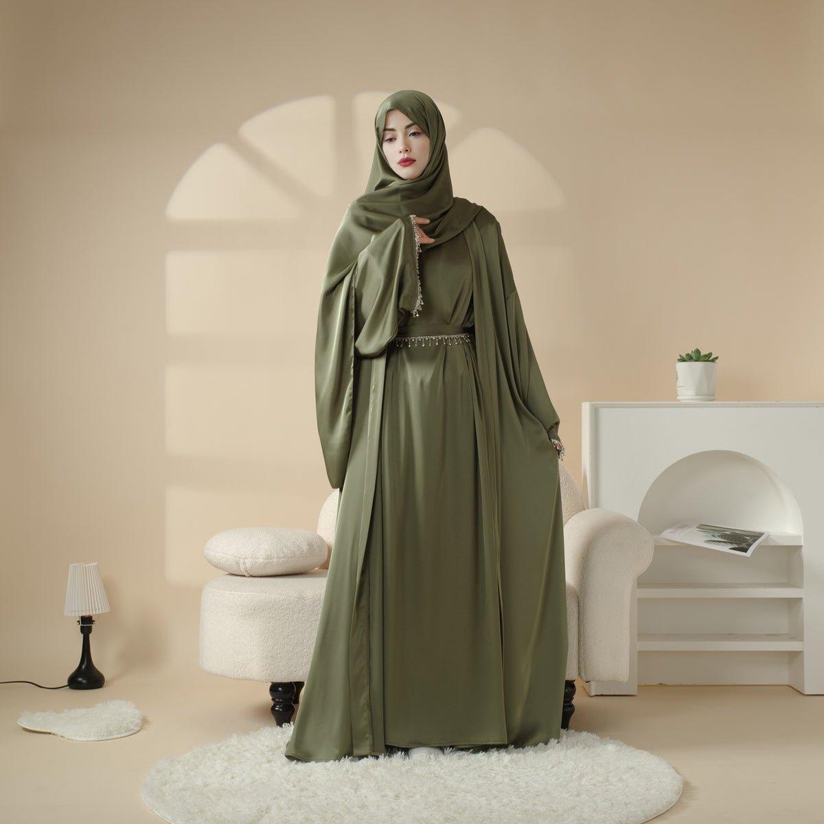 Satin Abaya With Matching Belt Made Of Diamond Tassel 