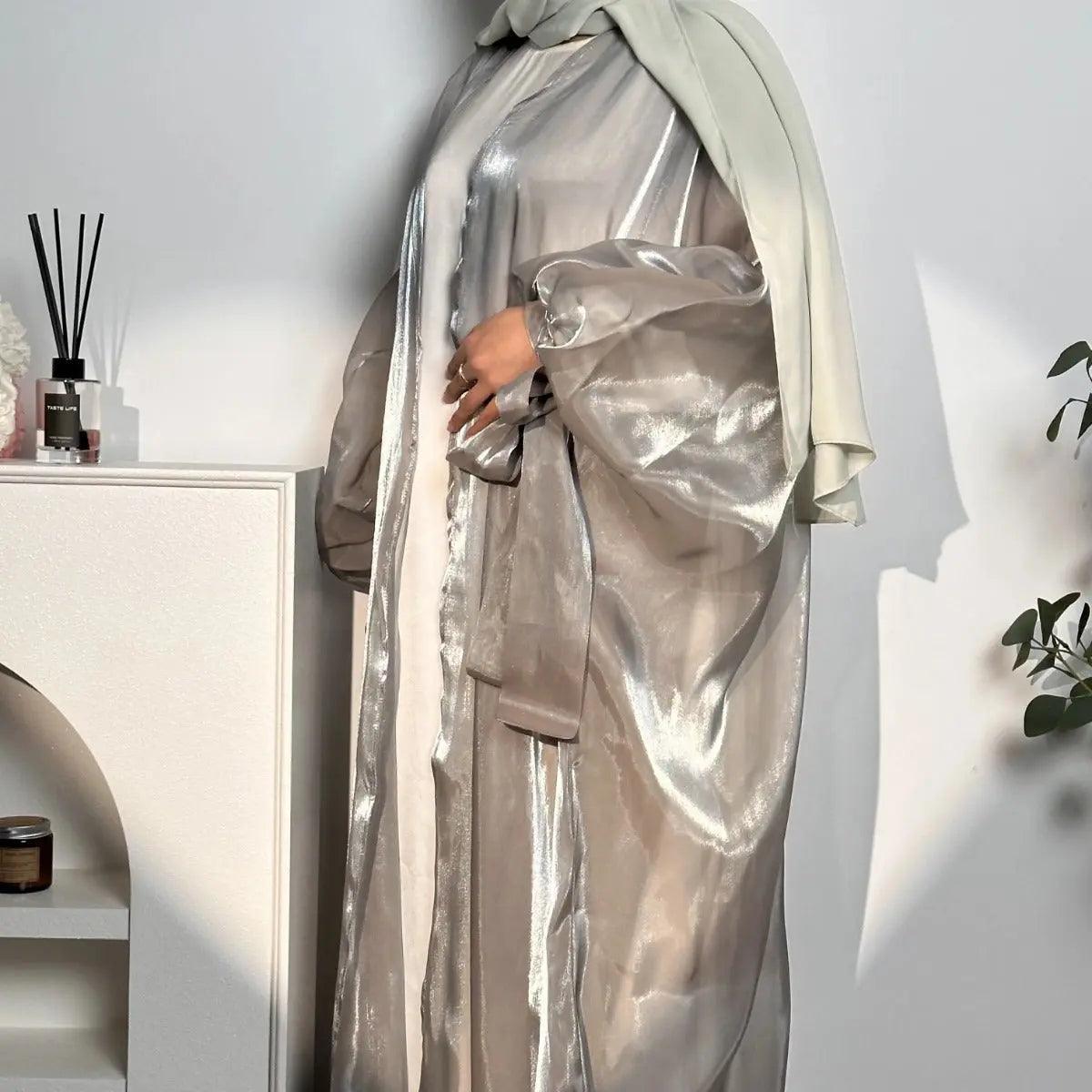 MOA014 Shiny Puff Sleeve Organza Open Abaya - Mariam's Collection