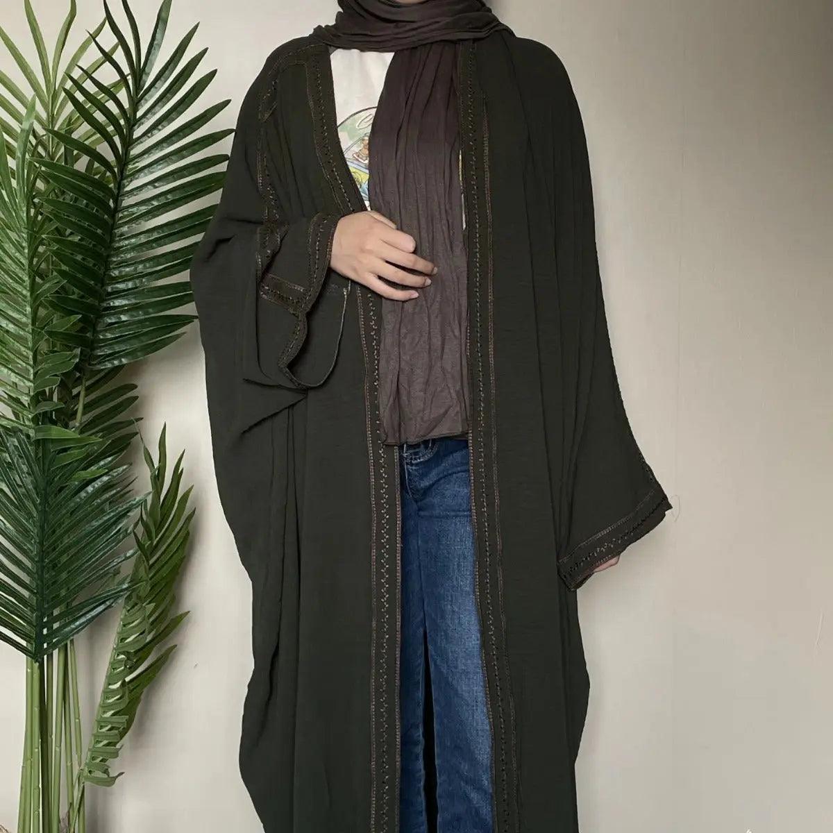 MOA015 Batwing Sleeve Embroidered Open Abaya - Mariam's Collection