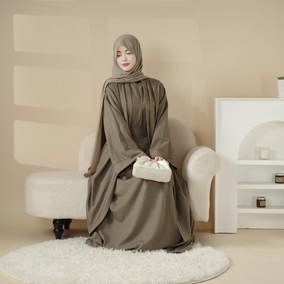 MOA016 Plain Linen Open Abaya 2 - Piece Set - Mariam's Collection