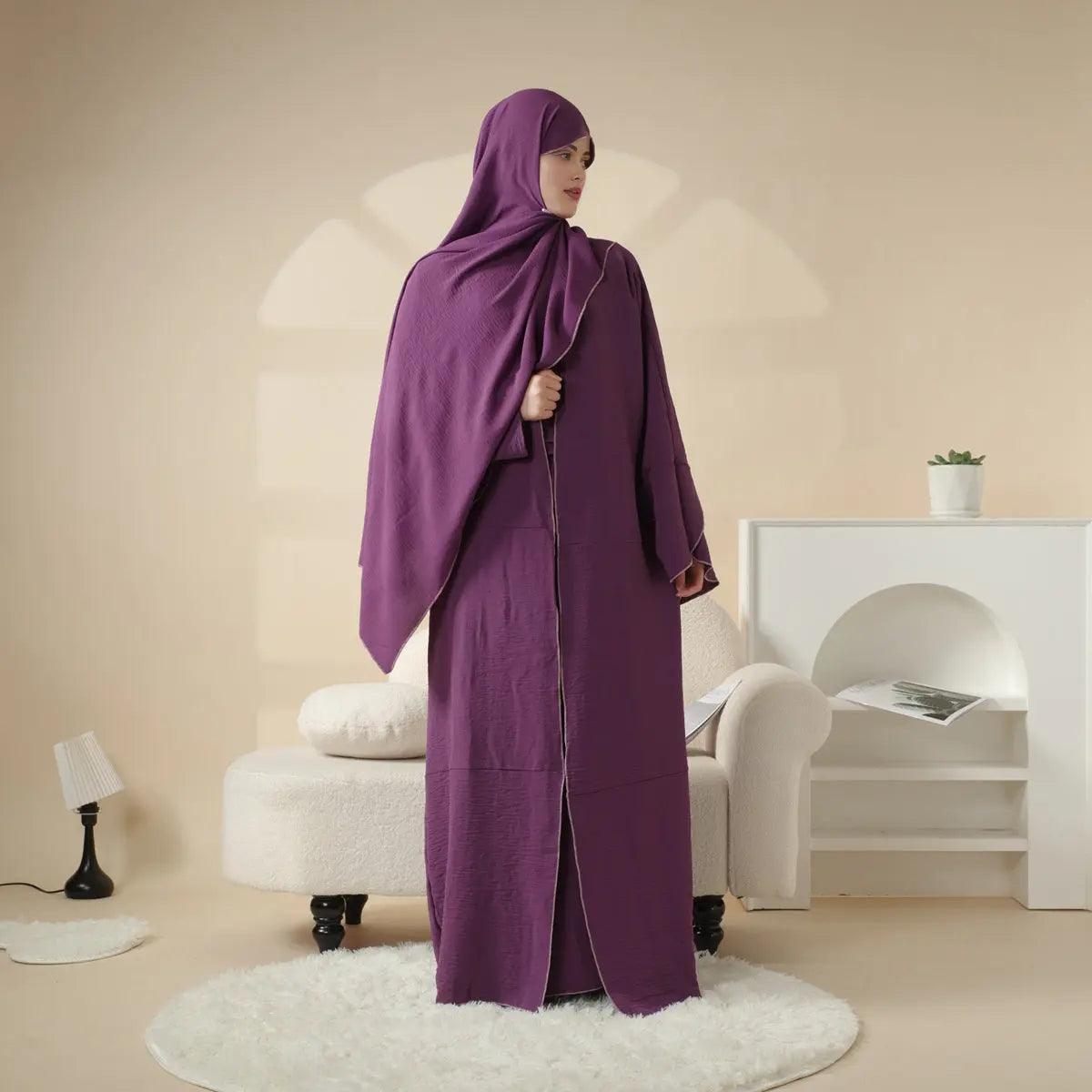 MOA030 Crepe Splicing Open Abaya with Hijab 4-piece Set - Mariam's Collection