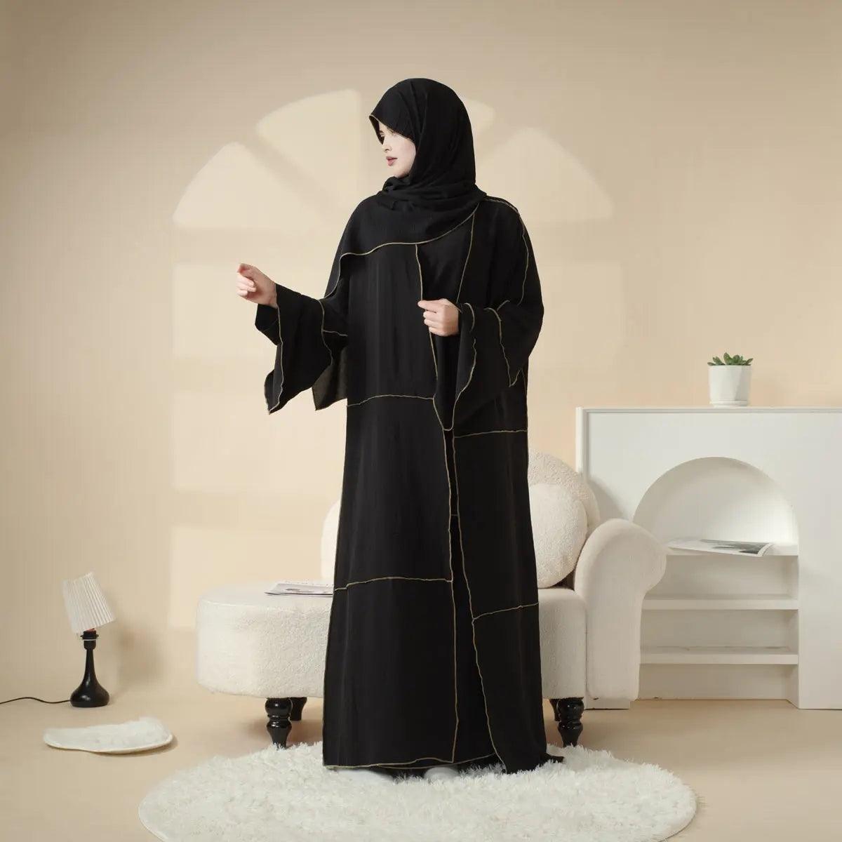 MOA030 Crepe Splicing Open Abaya with Hijab 4-piece Set - Mariam's Collection