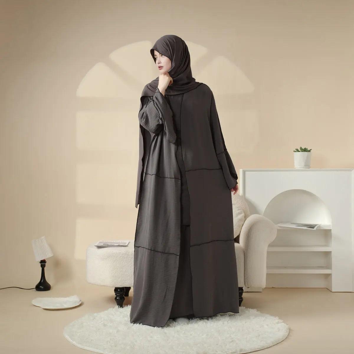 MOA030 Crepe Splicing Open Abaya with Hijab 4-piece Set - Mariam's Collection