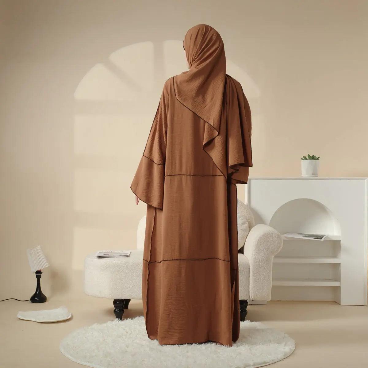 MOA030 Crepe Splicing Open Abaya with Hijab 4-piece Set - Mariam's Collection