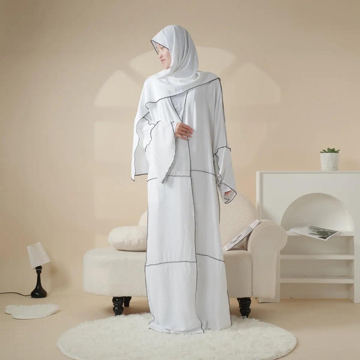 MOA030 Crepe Splicing Open Abaya with Hijab 4-piece Set - Mariam's Collection