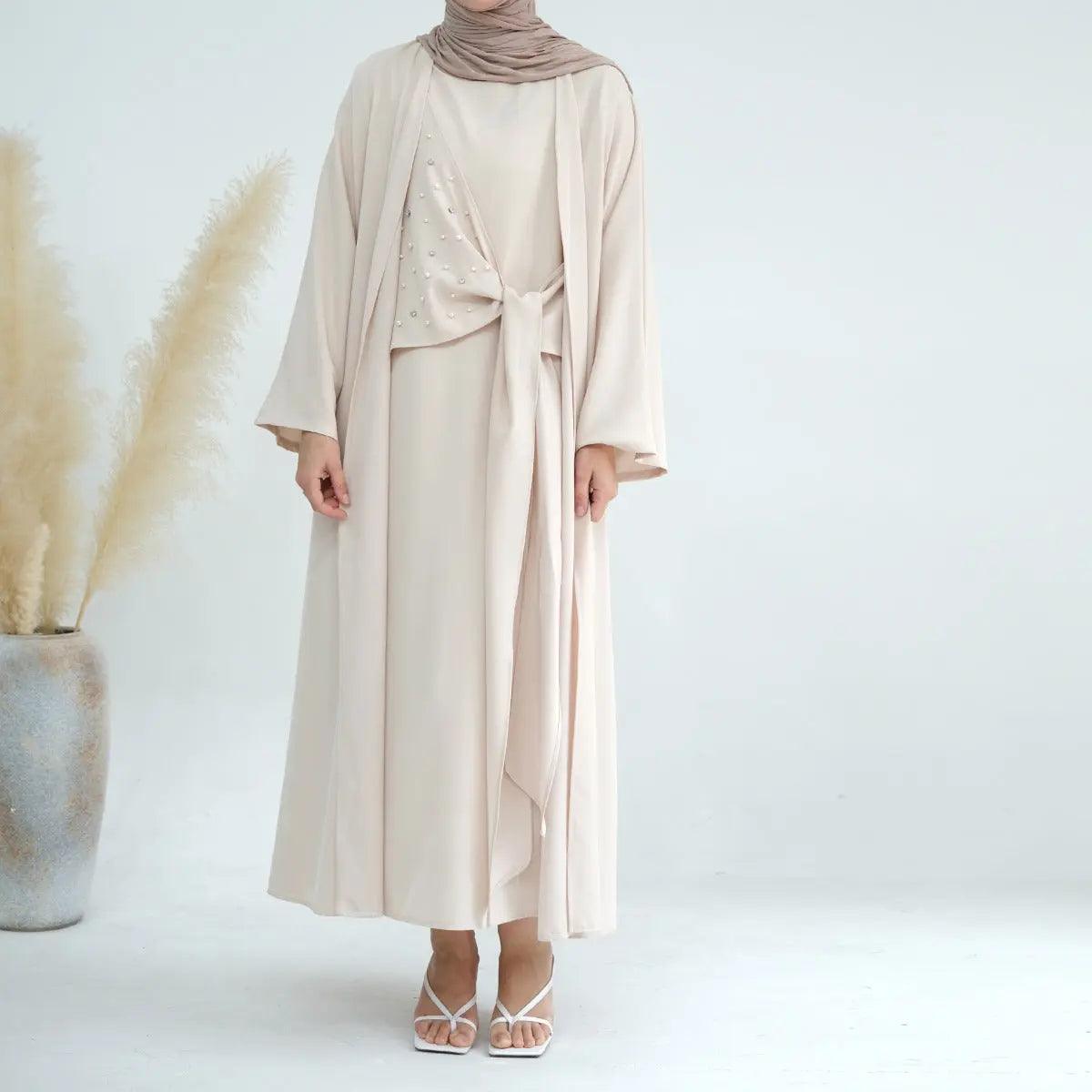 MOA031 Solid Color Pearl Splice Abaya - Mariam's Collection