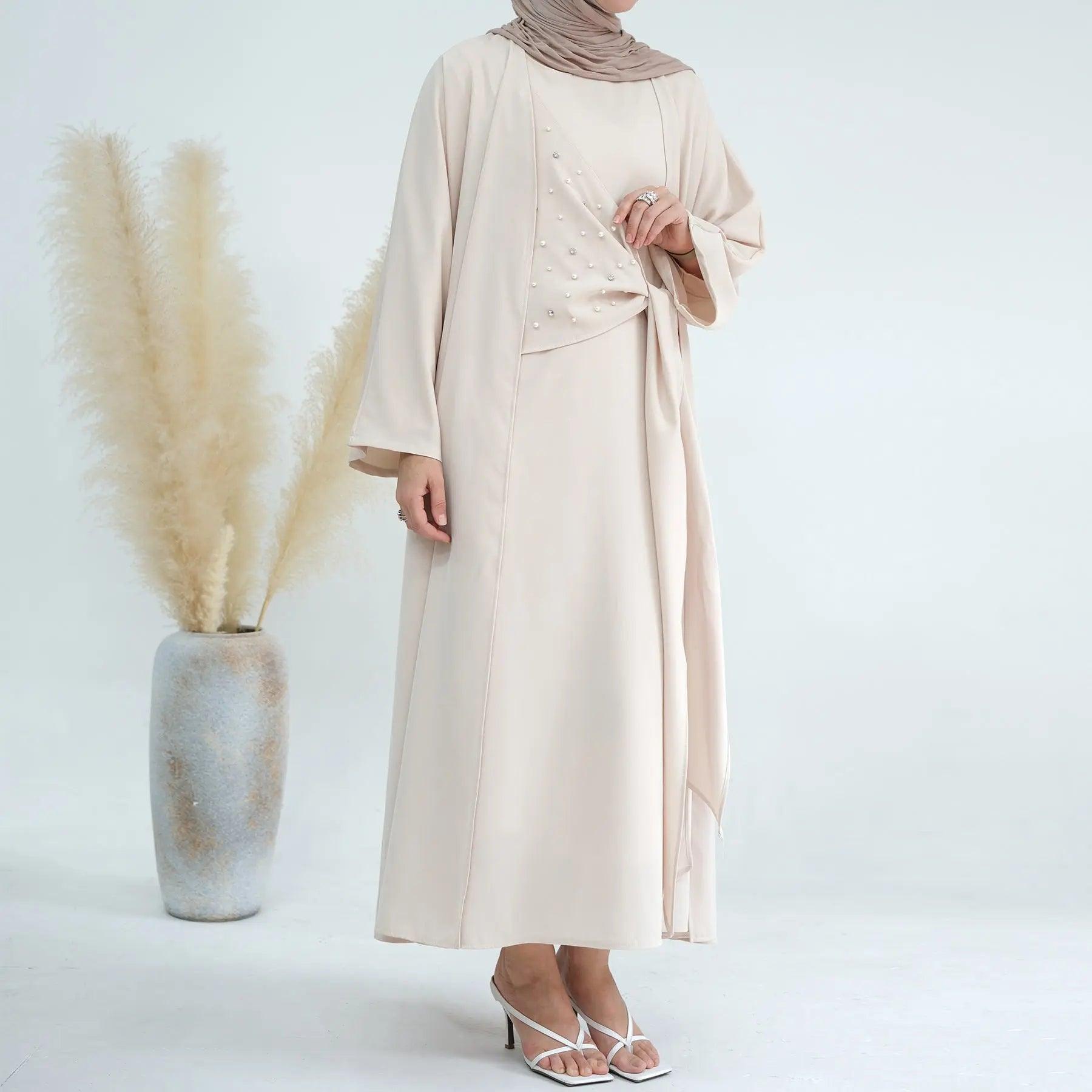 MOA031 Solid Color Pearl Splice Abaya - Mariam's Collection