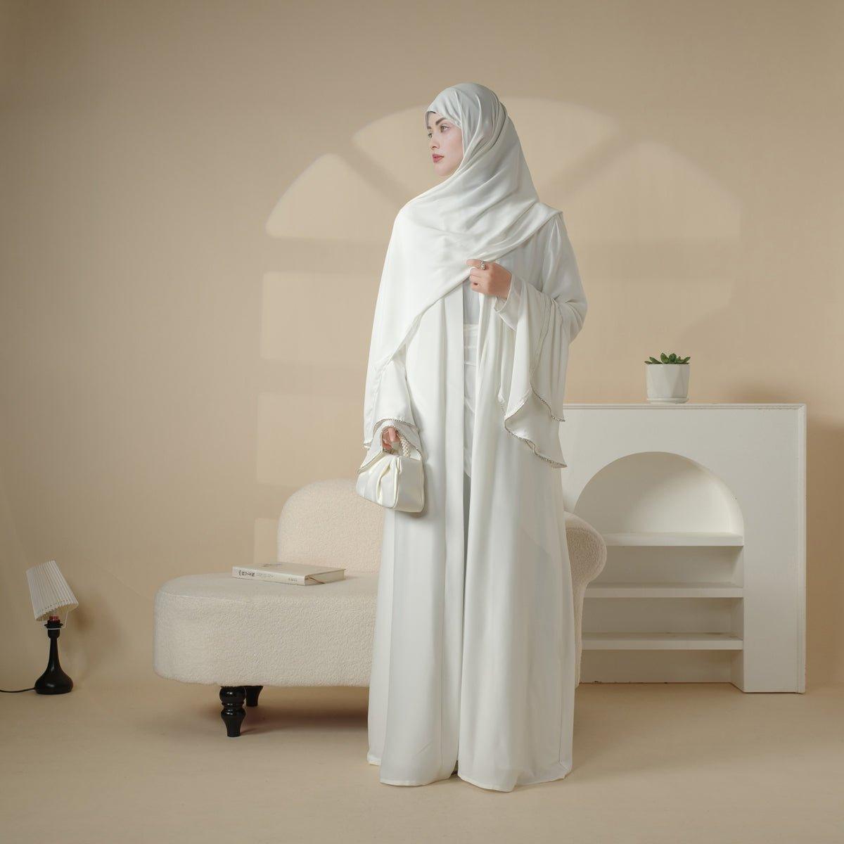 MOA033 Crepe Satin Ruffle Sleeve Abaya Set 5 - piece - Mariam's Collection