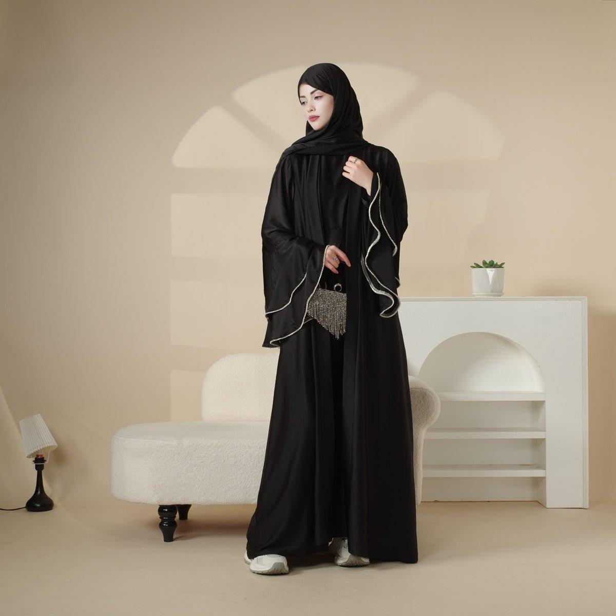 MOA033 Crepe Satin Ruffle Sleeve Abaya Set 5 - piece - Mariam's Collection