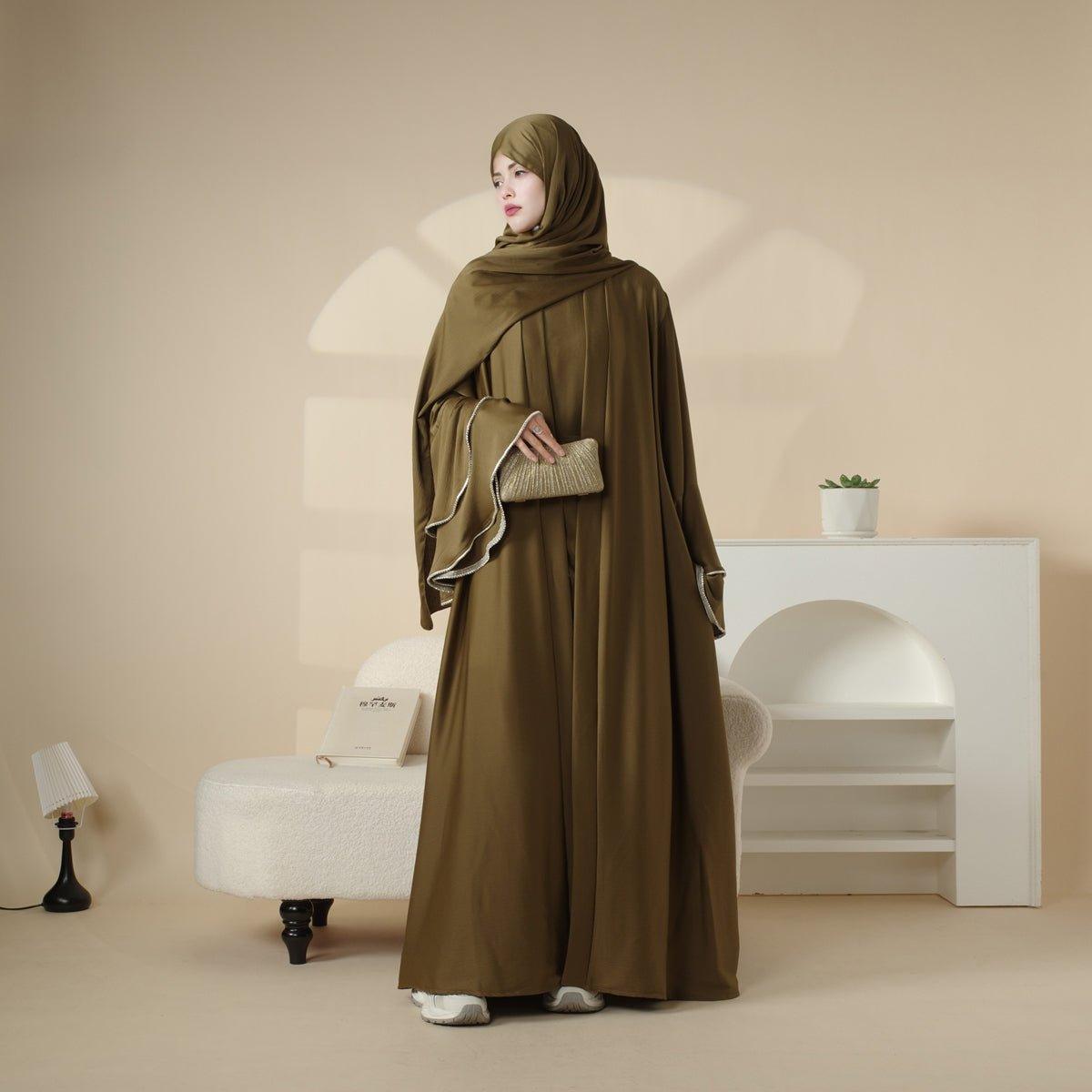 Crepe Satin Ruffle Sleeve Abaya, 5-Piece Set