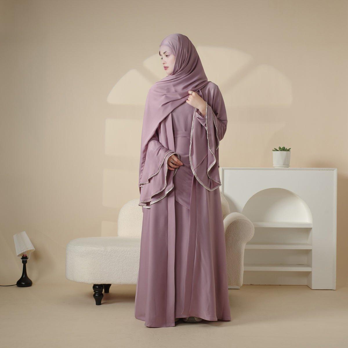 Crepe Satin Ruffle Sleeve Abaya, 5-Piece Set