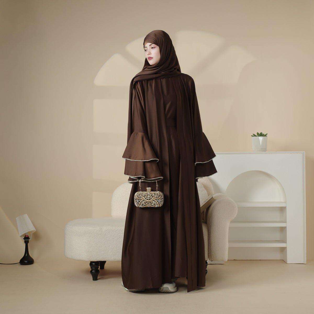 MOA033 Crepe Satin Ruffle Sleeve Abaya Set 5 - piece - Mariam's Collection