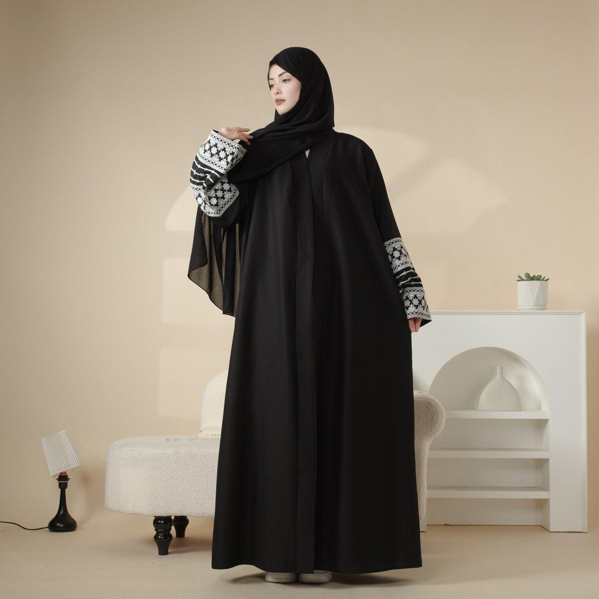 MOA035 Cotton Blend Embroidery Cardigan Open Abaya - Mariam's Collection