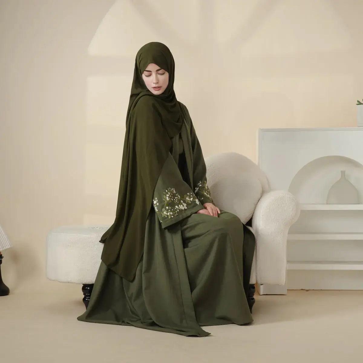 Olive Branch Embroidered Linen Abaya Set With Matching Belt & Hijab (MOA037)