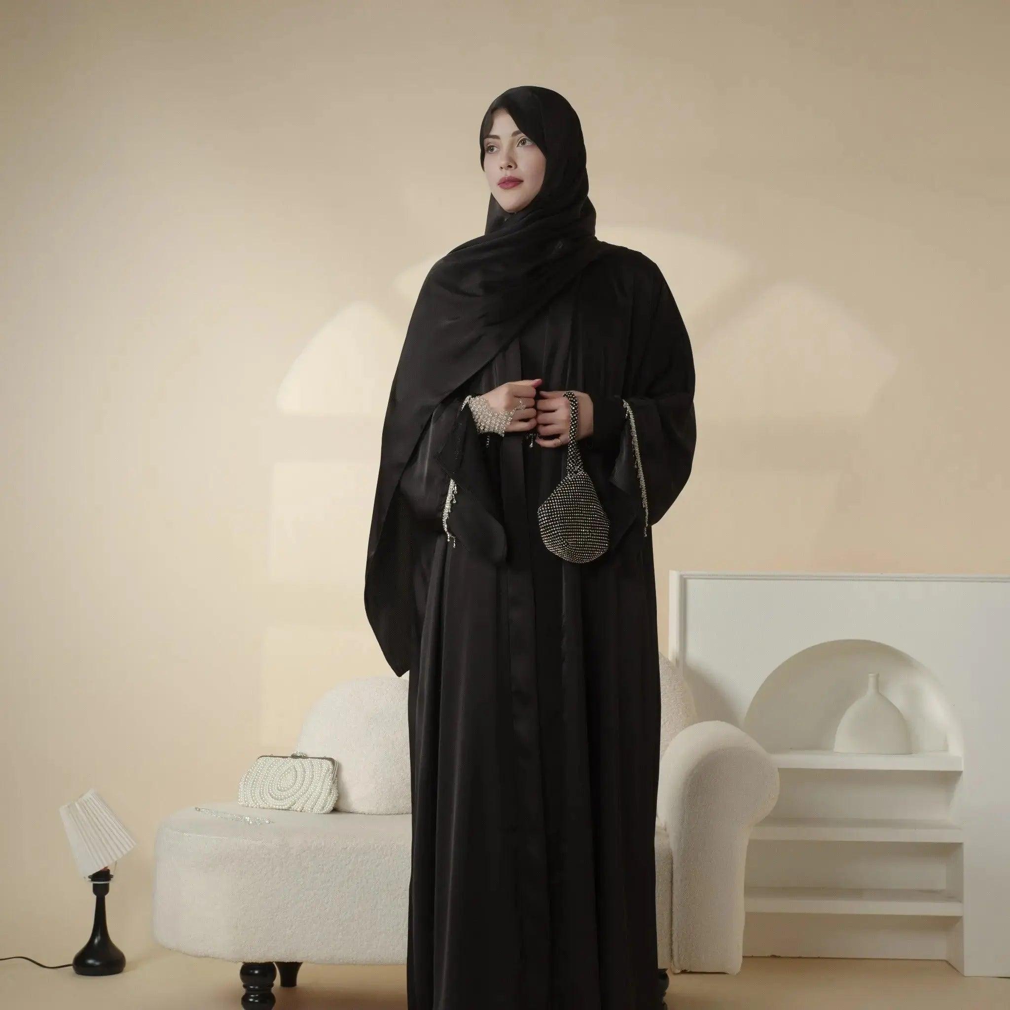 MOA041 Luxury Satin Diamond Tassel Abaya Set 6-Piece - Mariam's Collection