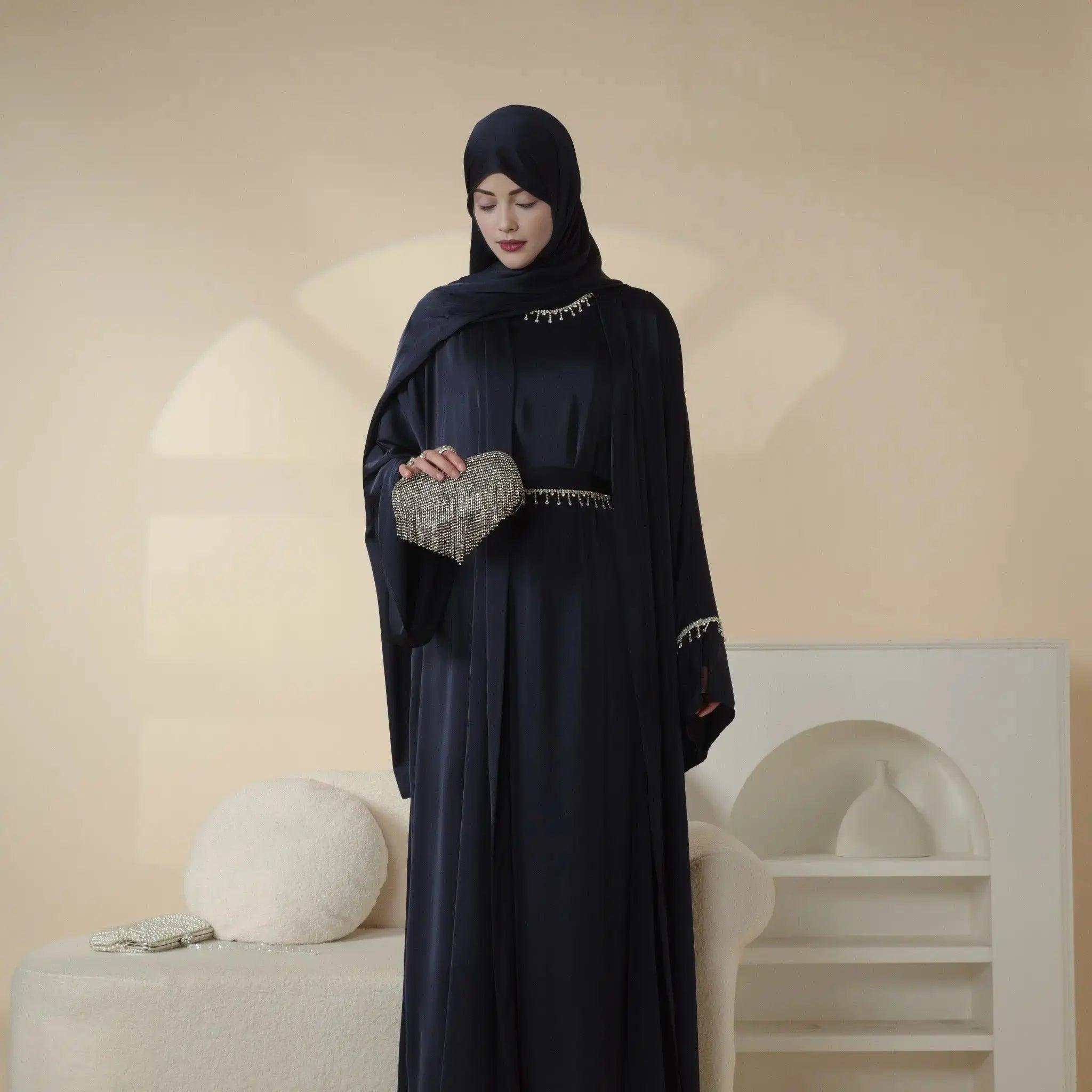 MOA041 Luxury Satin Diamond Tassel Abaya Set 6-Piece - Mariam's Collection