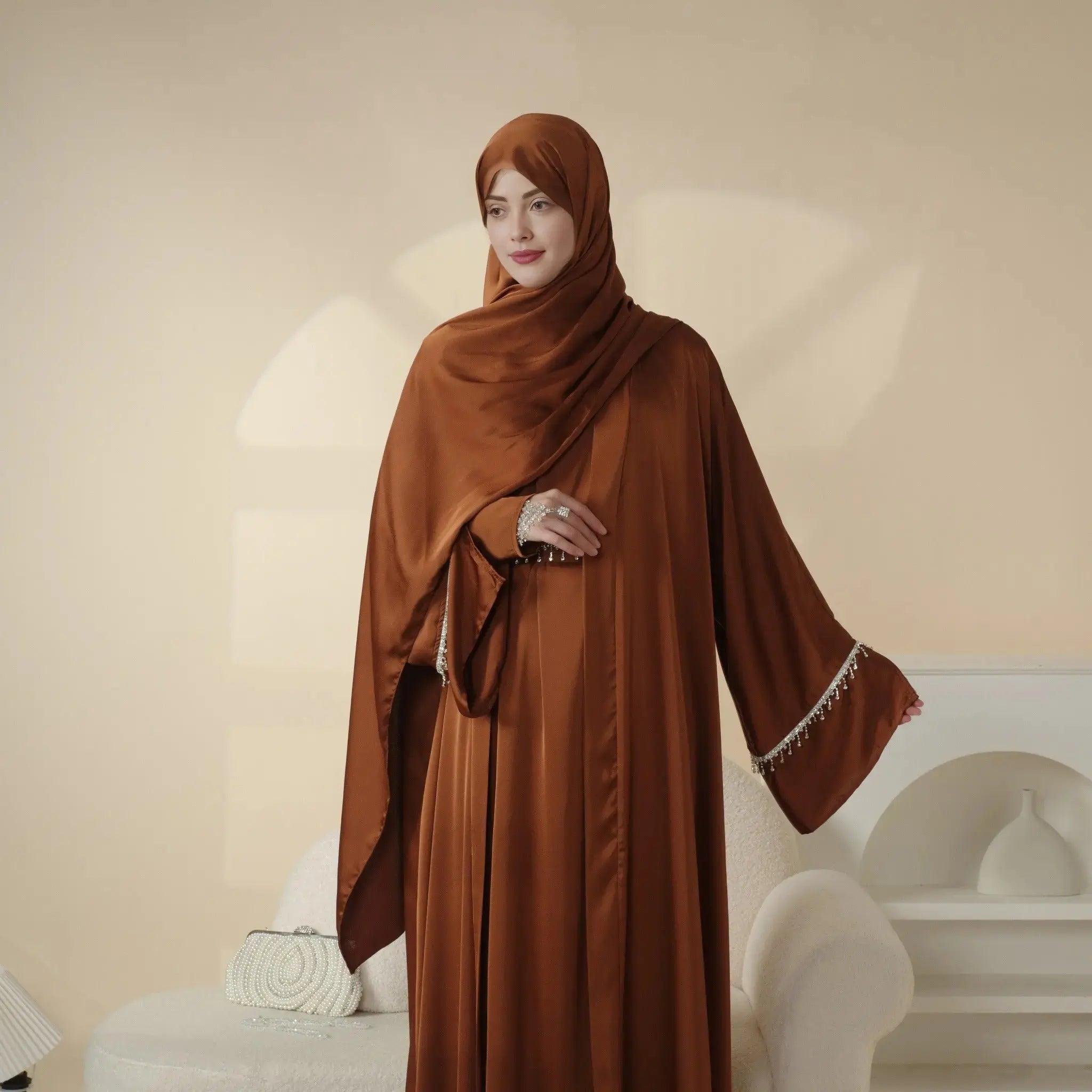 MOA041 Luxury Satin Diamond Tassel Abaya Set 6-Piece - Mariam's Collection