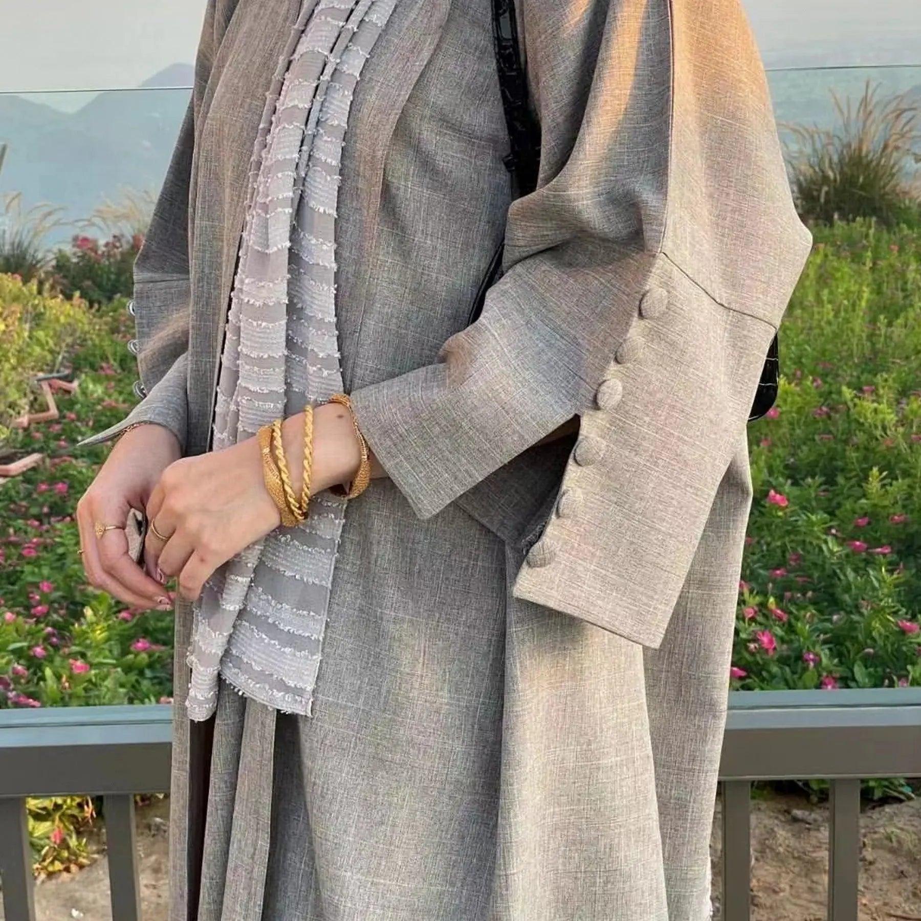 MOA042 Linen Cardigan Open Abaya Dress With belt - Mariam's Collection