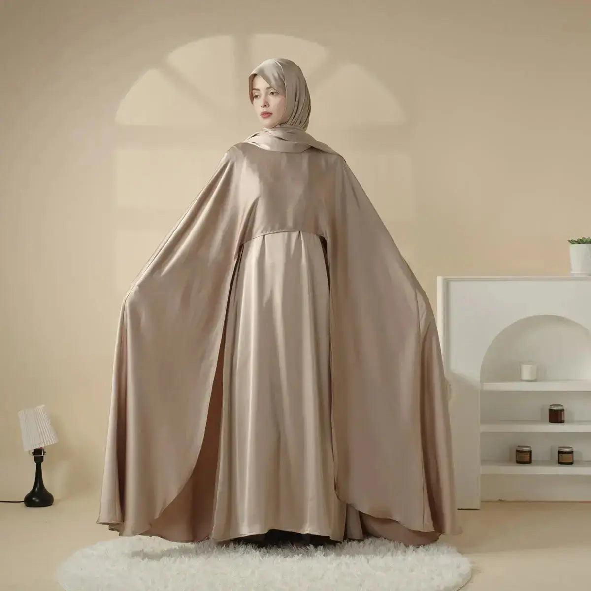 MOA044 Luxury Satin Wedding Cape Jewel Neck Cloak Bridal Abaya 3-Piece Set (Preorder 20 days) - Mariam's Collection