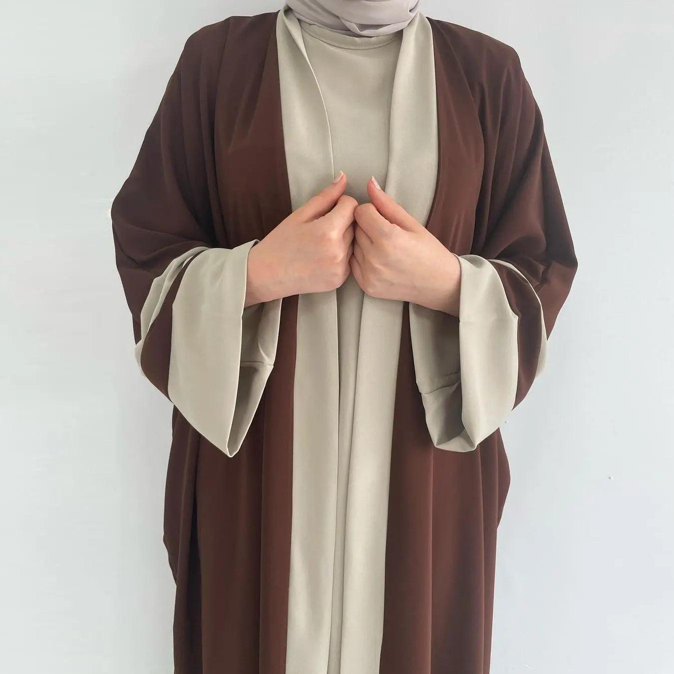 MOA045 Two-Color Splicing Open Abaya 2-Piece Set - Mariam's Collection