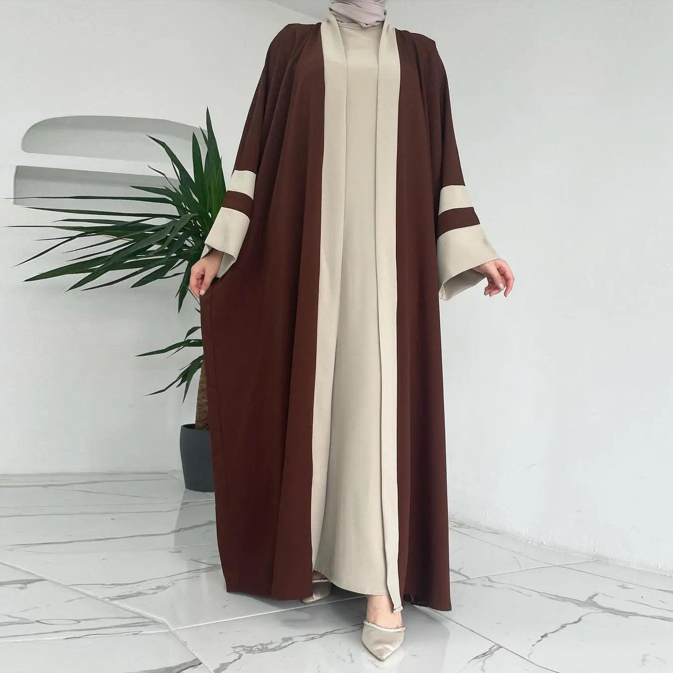 MOA045 Two-Color Splicing Open Abaya 2-Piece Set - Mariam's Collection