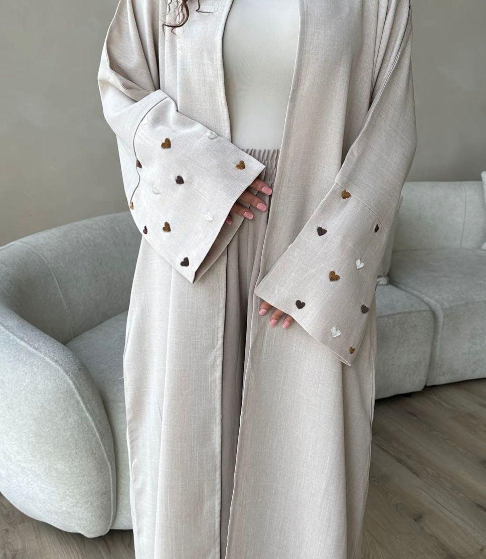 MOA047 Stylish Colorful Heart Embroidery Open Abaya - Mariam's Collection