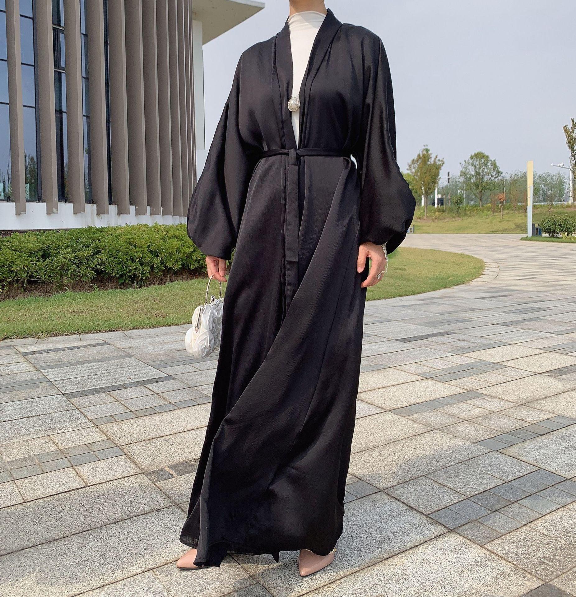 MOA048 Satin Bunched Sleeve Open Abaya - Mariam's Collection