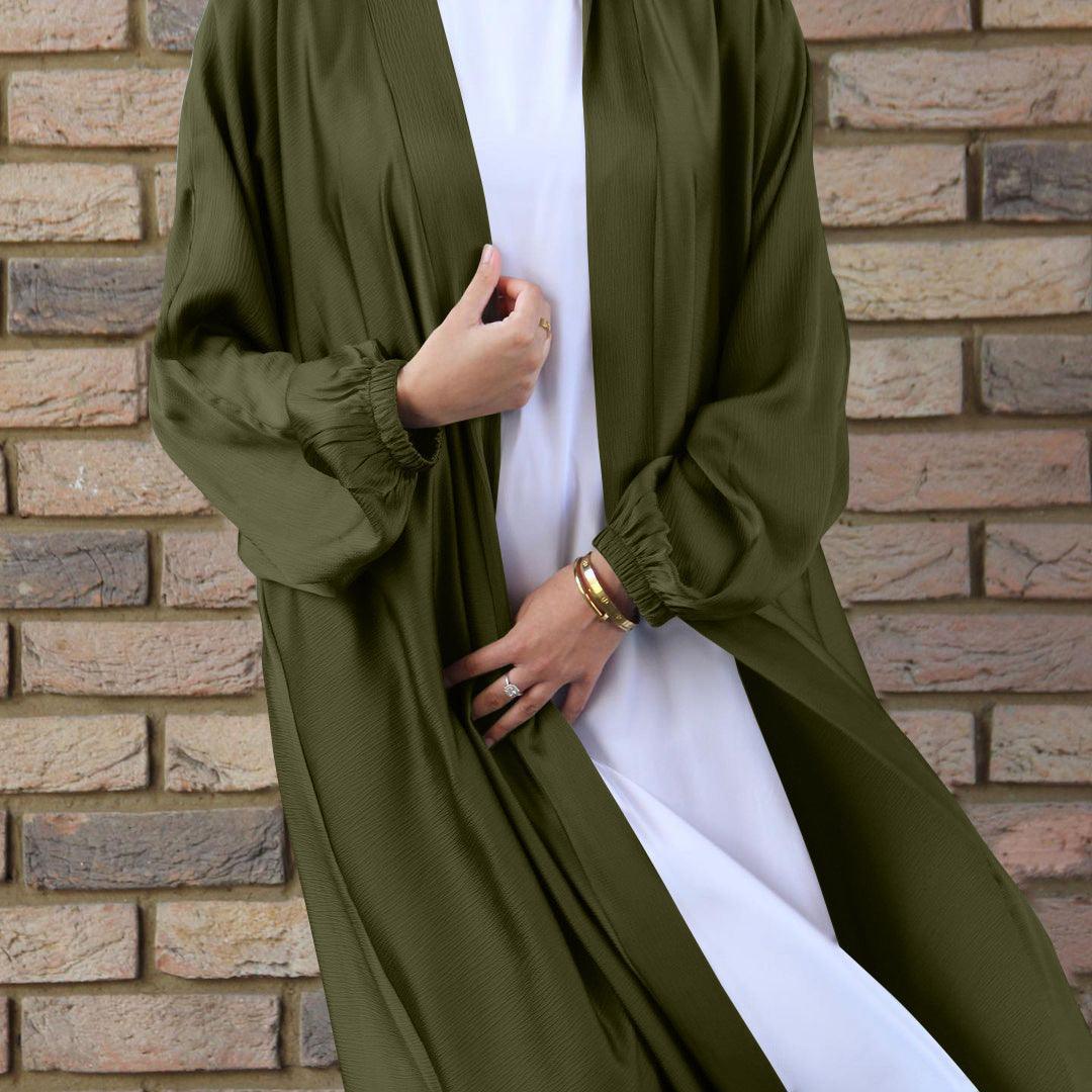 MOA048 Satin Bunched Sleeve Open Abaya - Mariam's Collection