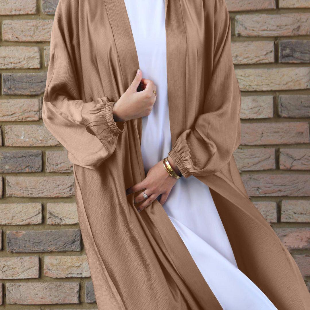 MOA048 Satin Bunched Sleeve Open Abaya - Mariam's Collection