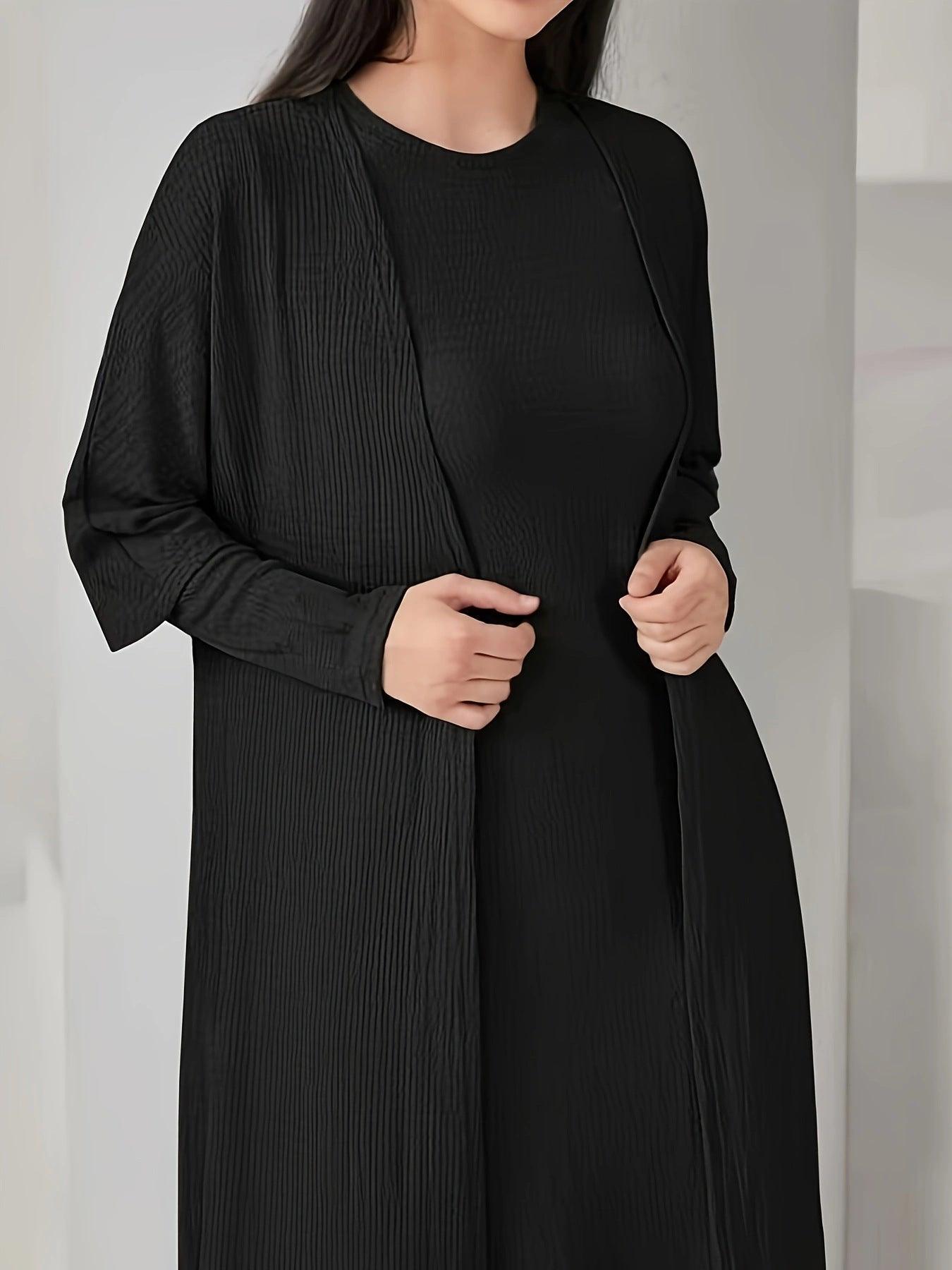 MOA049 Solid Color Knitted Open Abaya 2-Piece Set - Mariam's Collection