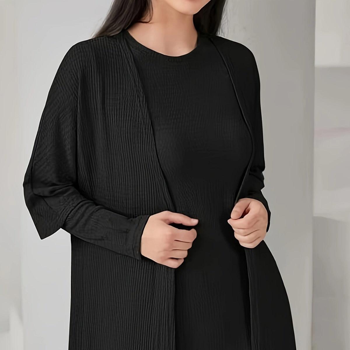 MOA049 Solid Color Knitted Open Abaya 2-Piece Set - Mariam's Collection