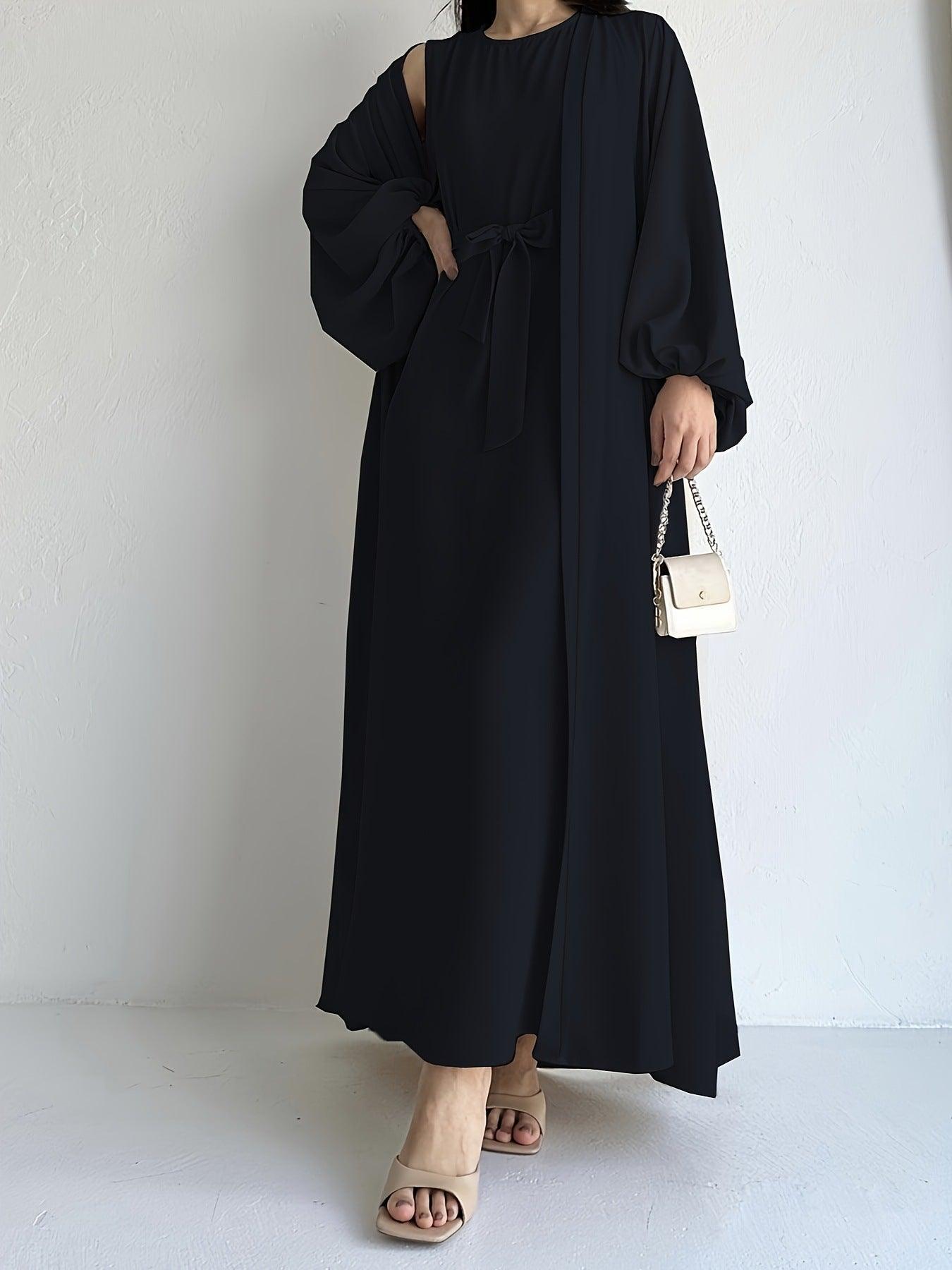 MOA050 Loose Lantern Sleeve Abaya 3-Piece Set - Mariam's Collection