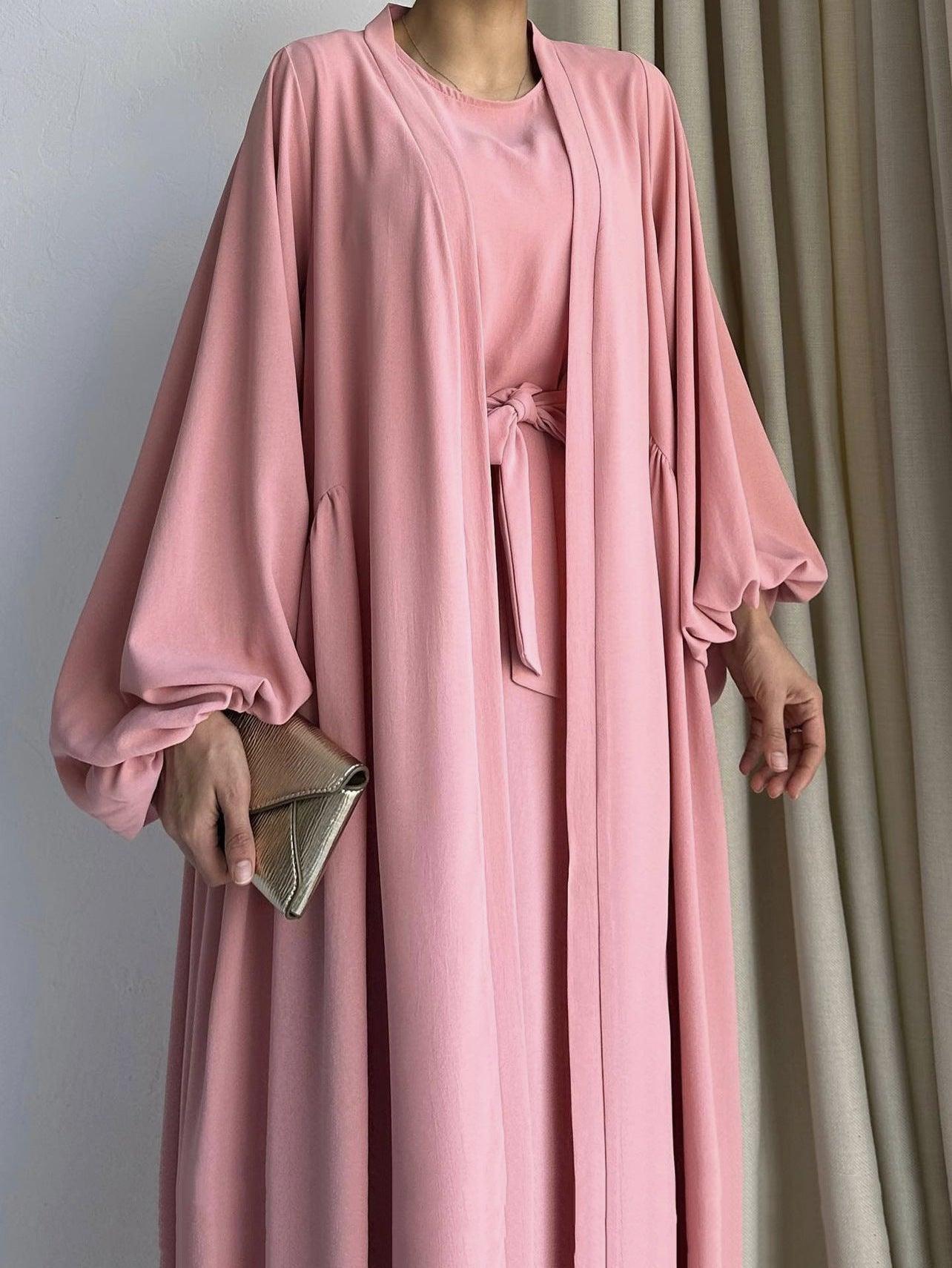 MOA050 Loose Lantern Sleeve Abaya 3-Piece Set - Mariam's Collection