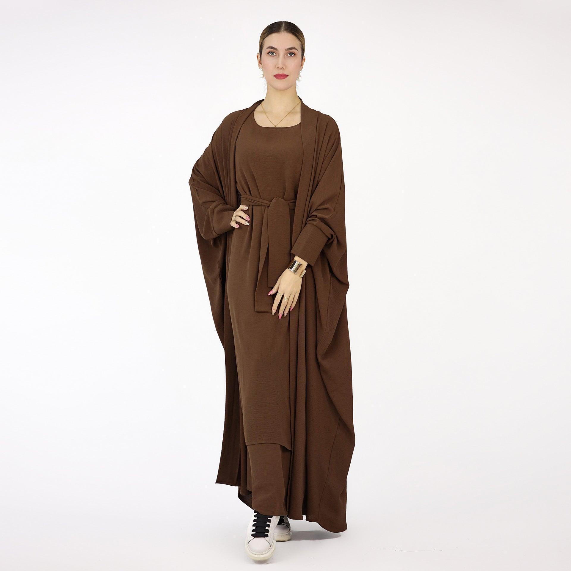 MOA052 Bat Sleeve Abaya Solid Colour Dress 3-Piece Abaya Set - Mariam's Collection