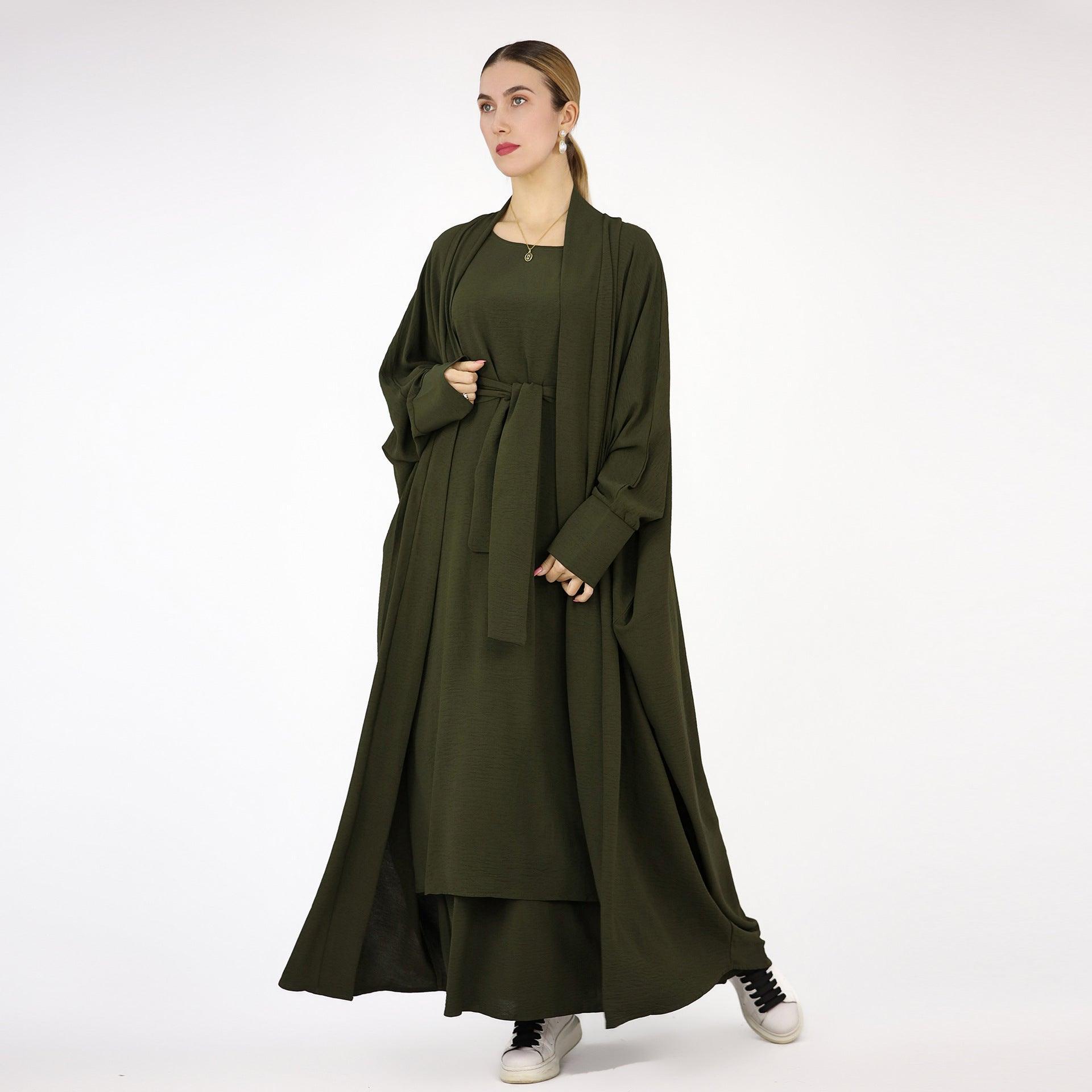 Bat Sleeve Abaya Solid Colour Dress 3-Piece Abaya Set (MOA052)