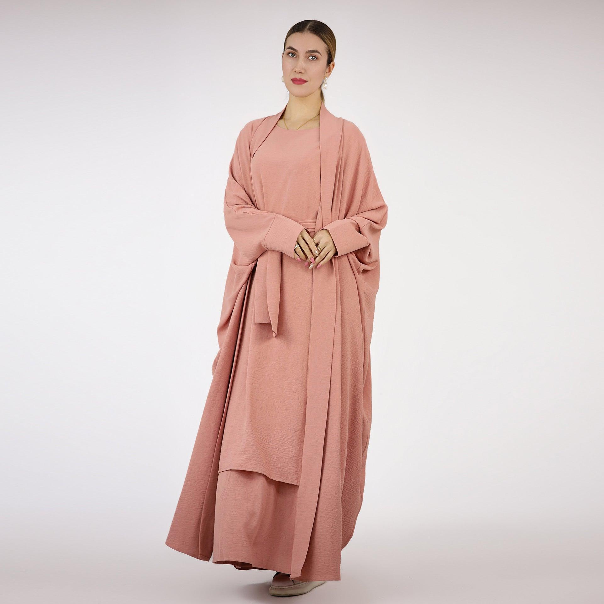 Bat Sleeve Abaya Solid Colour Dress 3-Piece Abaya Set (MOA052)