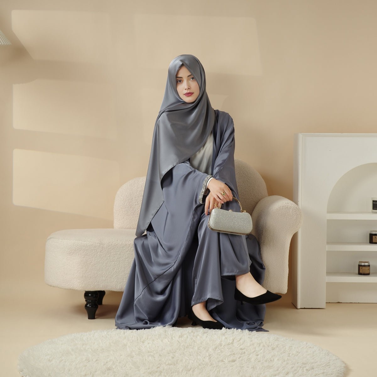 Abaya With Satin Shirt And Rhinestone Trousers | 4-Piece Set Abaya