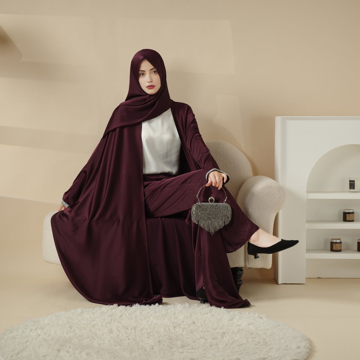 MOA060 Satin Shirt and Rhinestone Waist Trousers 4 - Piece Set Abaya - Mariam's Collection