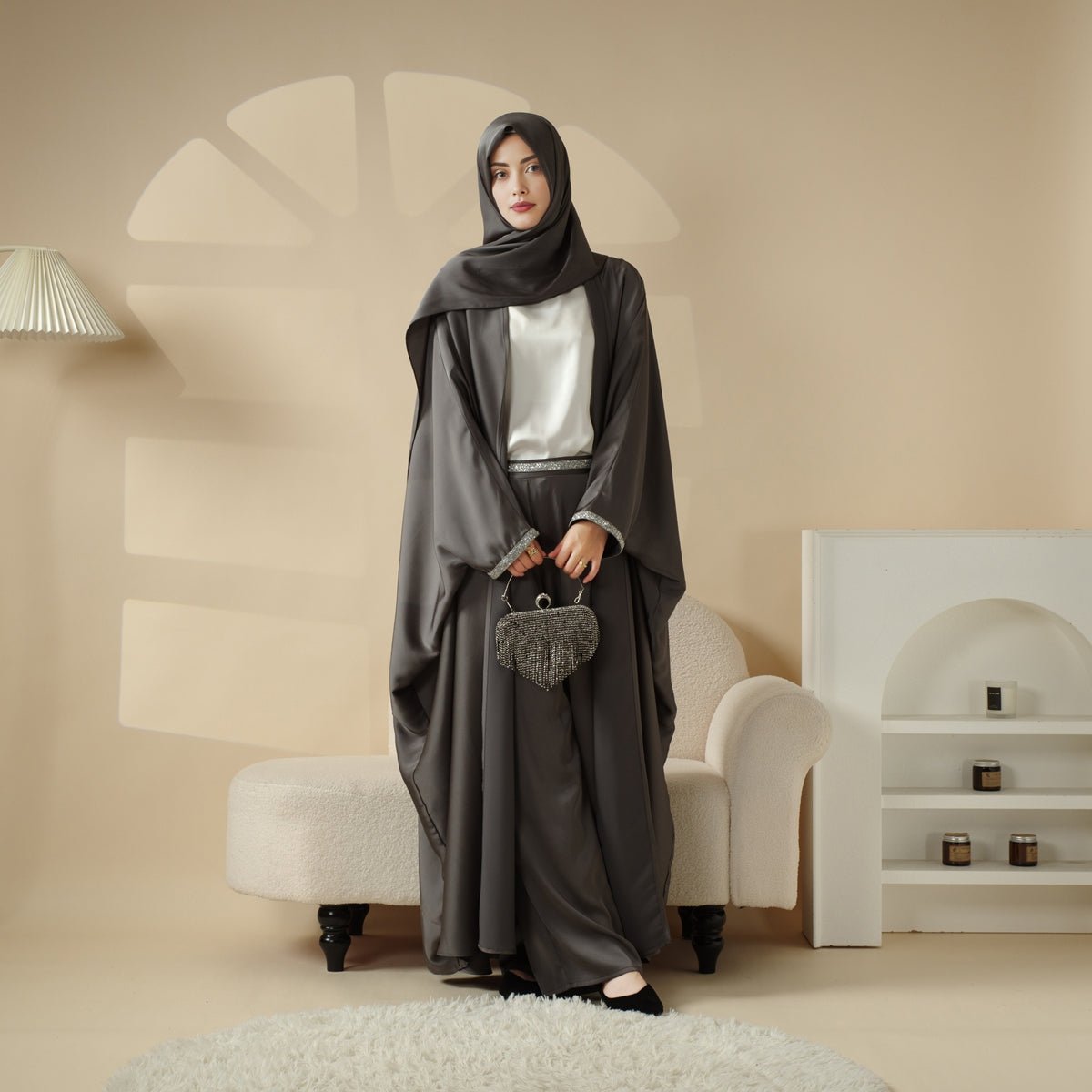 MOA060 Satin Shirt and Rhinestone Waist Trousers 4 - Piece Set Abaya - Mariam's Collection