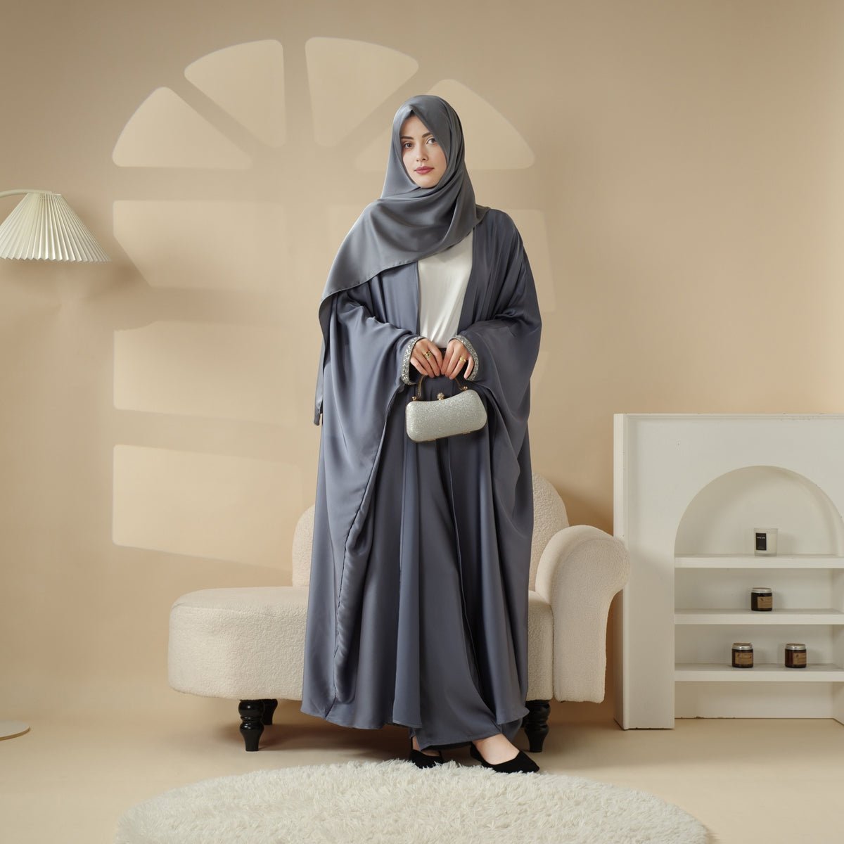 MOA060 Satin Shirt and Rhinestone Waist Trousers 4 - Piece Set Abaya - Mariam's Collection