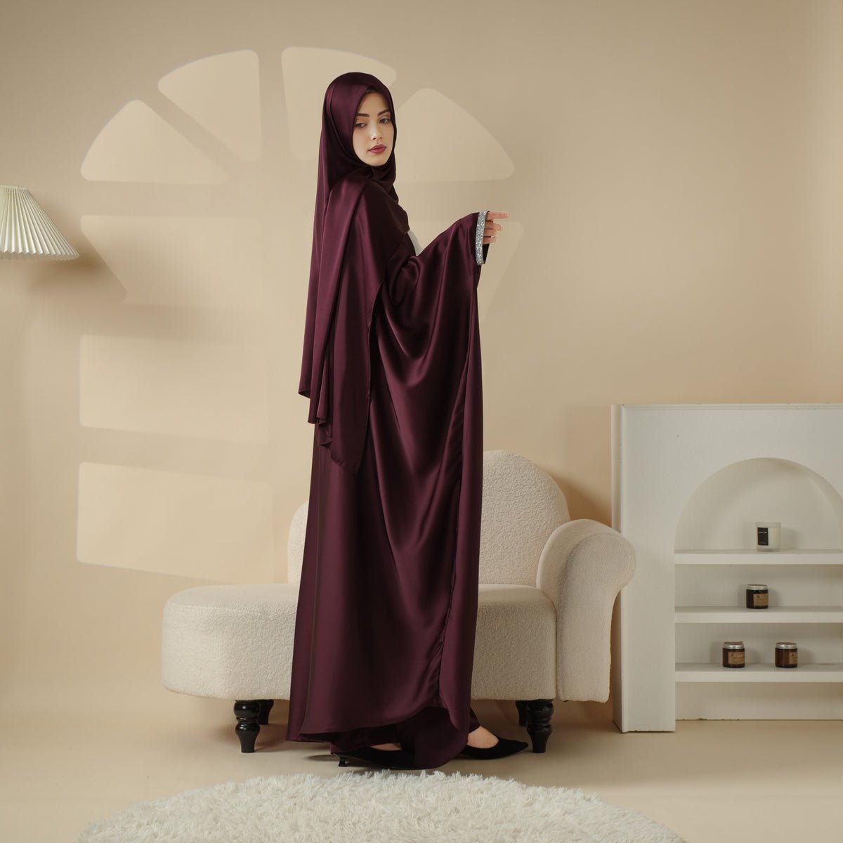 MOA060 Satin Shirt and Rhinestone Waist Trousers 4 - Piece Set Abaya - Mariam's Collection