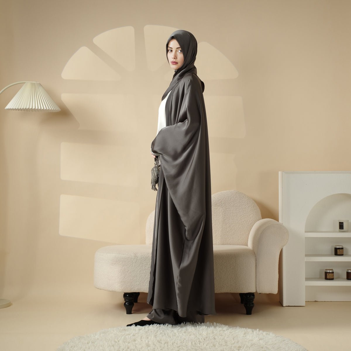 MOA060 Satin Shirt and Rhinestone Waist Trousers 4 - Piece Set Abaya - Mariam's Collection