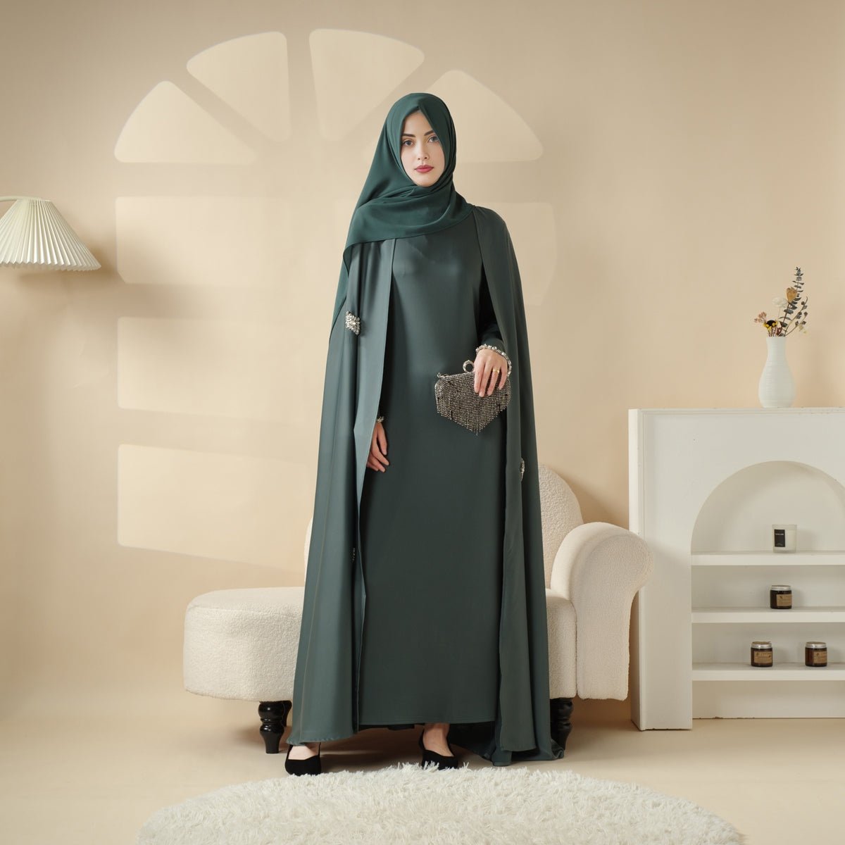 MOA067 Haute Couture Heavy Craftion Rhinestone Cape Abaya - Mariam's Collection