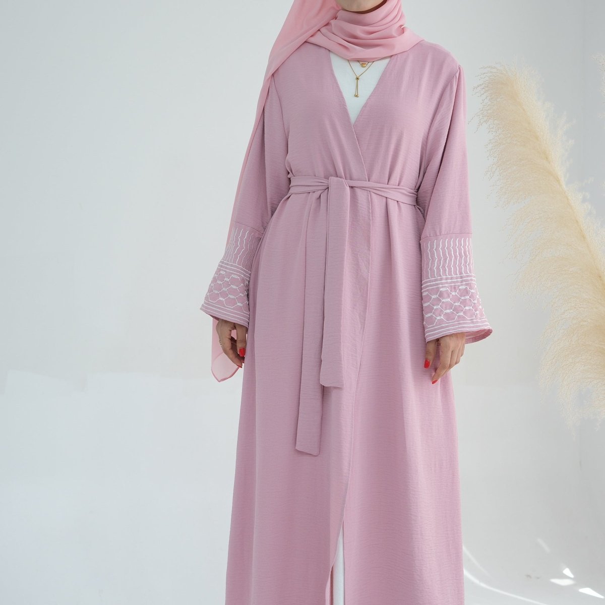 MOA072 Crepe Embroidered Open Abaya - Mariam's Collection