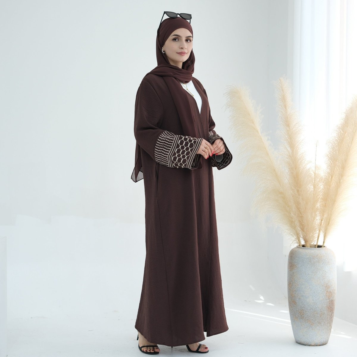 MOA072 Crepe Embroidered Open Abaya - Mariam's Collection