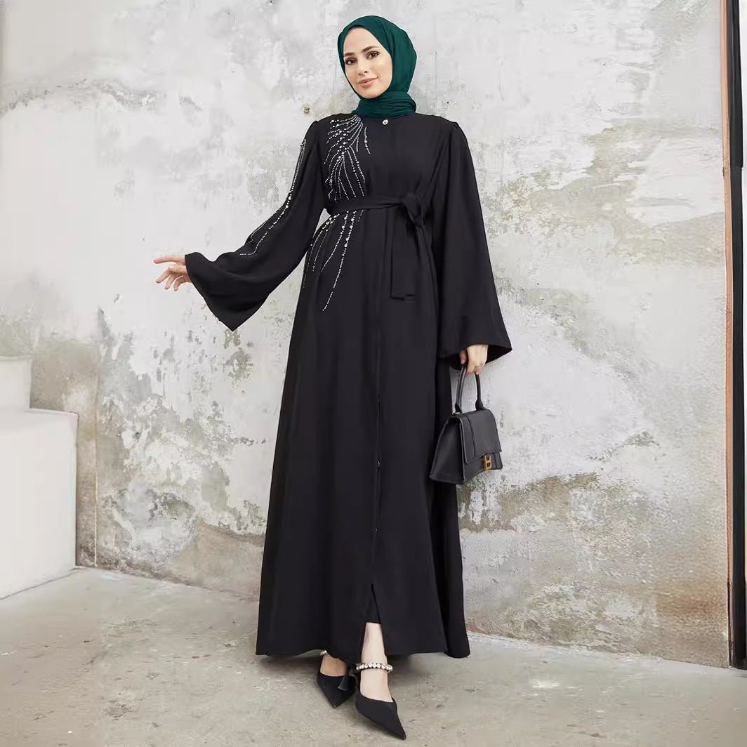 MOA077 Elegant Rhinestones Open Abaya - Mariam's Collection