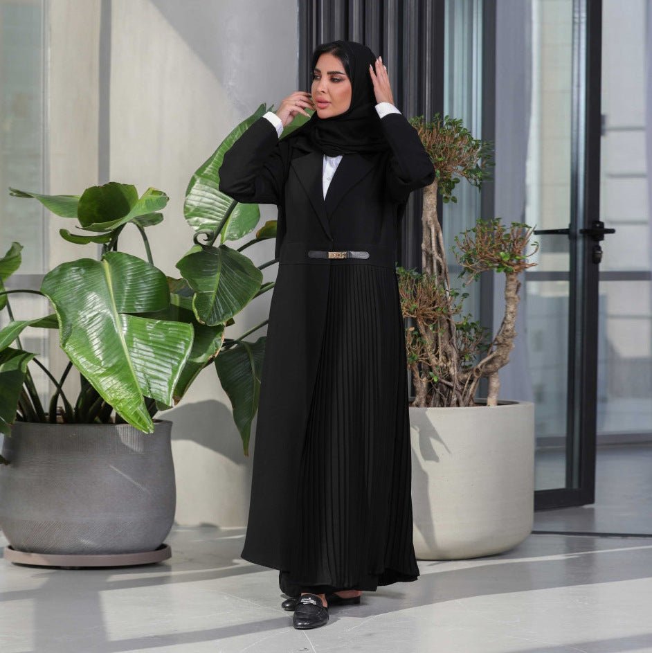 MOA082 Stylish Leather Buttoned Pleated Abaya - Mariam's Collection